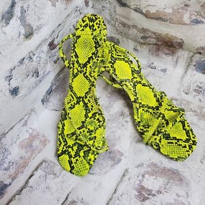 Zara Neon Yellow Snakeskin Print Strappy Kitten Heel Sandals Square Toe Size 40